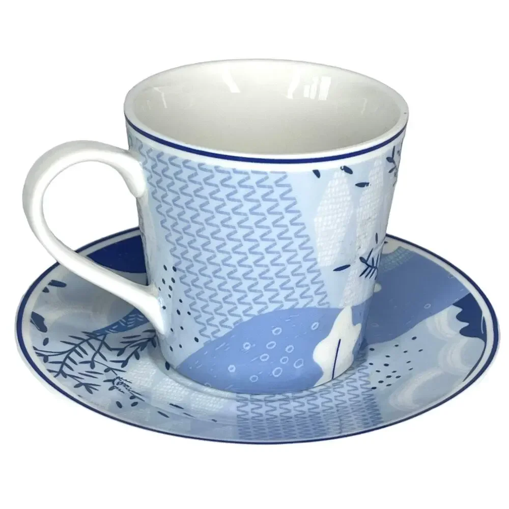 Asian Coffee Tea Cup Saucer Set Tokyo Angela Corti Porcelain Blue White Vtg